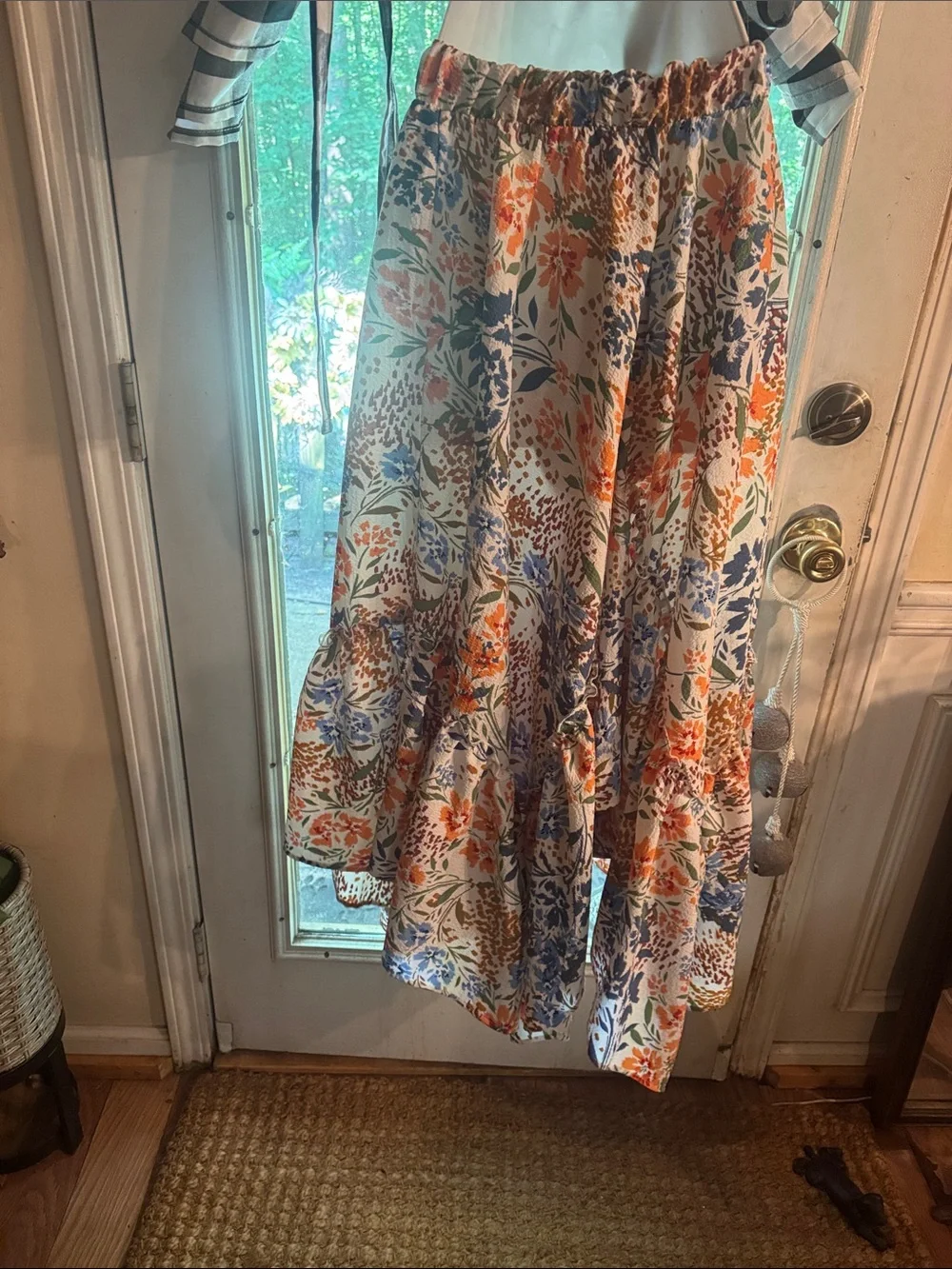 Floral High-Low Maxi Skirt in Cream with Blue & Orange Print with Pockets Small